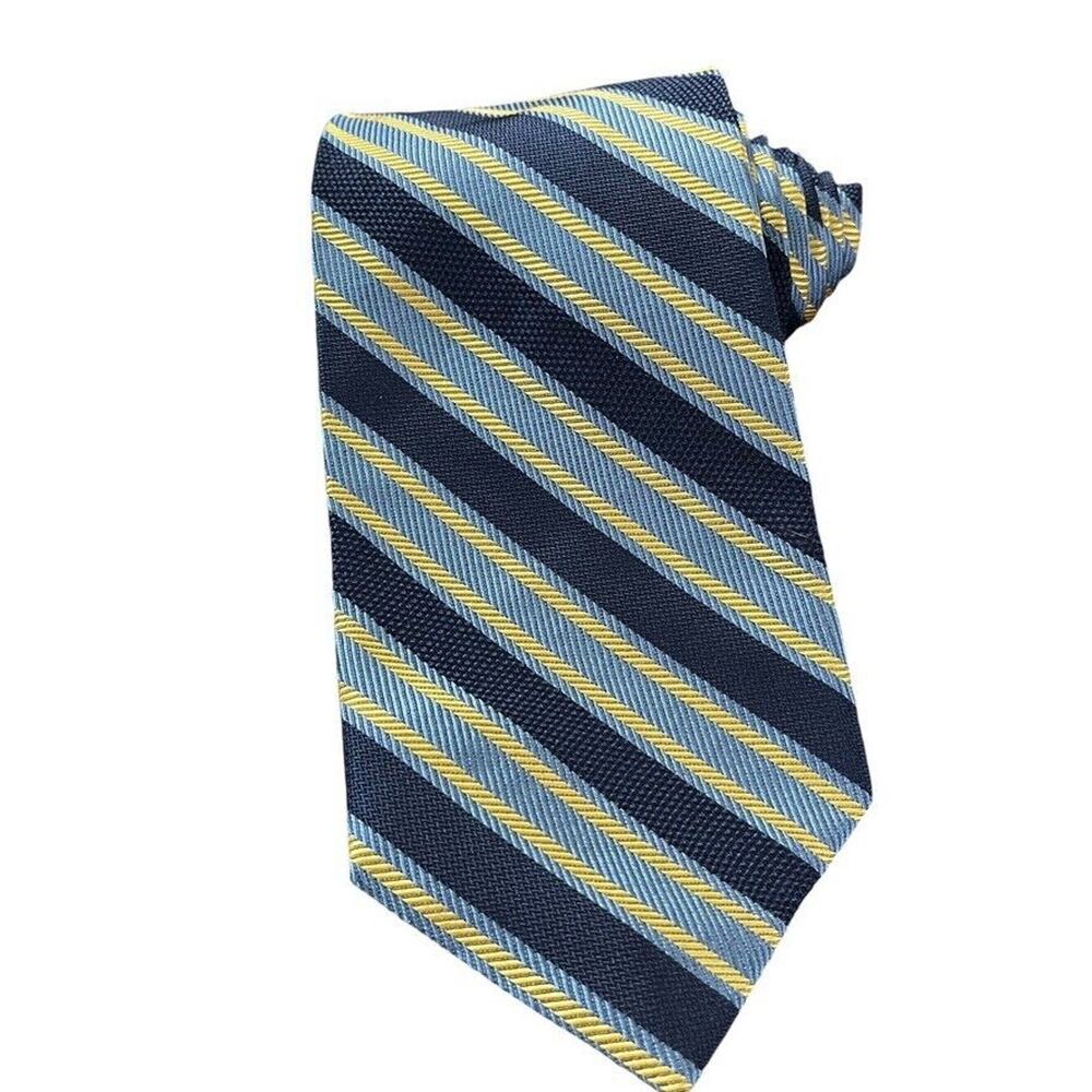 Jos A Bank Mens 100% Silk Yellow Blue Classic Striped Neck Tie USA Made 60" x 4"
